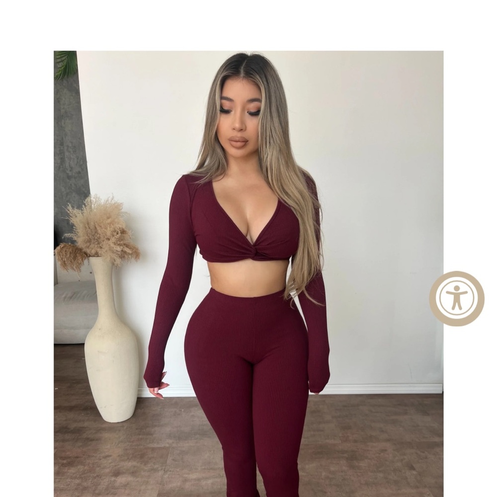 OOTDFash Burgundy Ribbed Long Sleeve Crop Top & Leggings Set